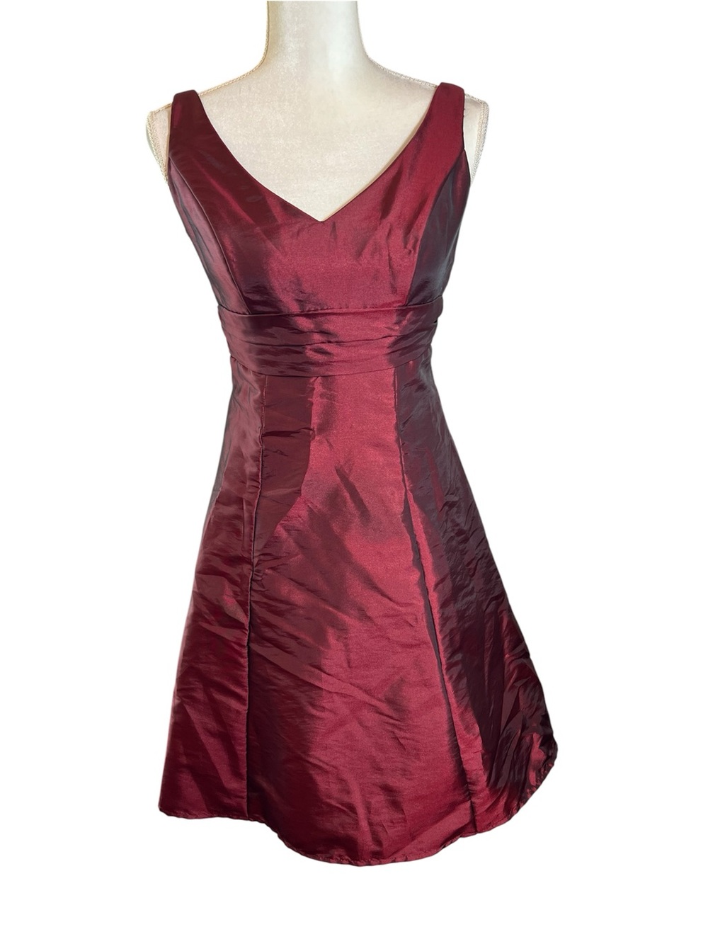 David's Bridal Burgundy Satin V-Neck A-Line Dress